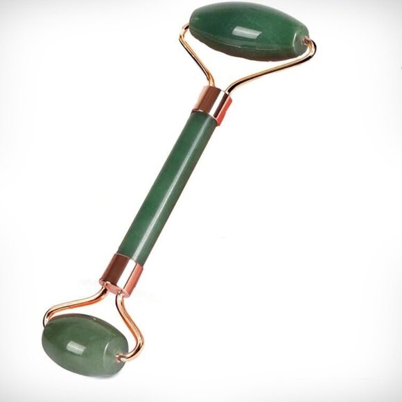 Green Jade Facial Roller Rose Gold NEW Gua Sha Spa Tool - Picture 1 of 4